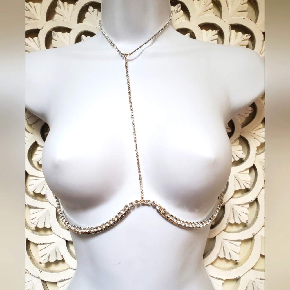 Bodycon Choker and Body Jewelry Under Bust Rhinestone Bar Necklace Bikin…